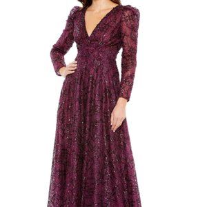 MAC DUGGAL EMBELLISHED V-NECK LONG SLEEVE A-LINE PLUM GOWN sz 12